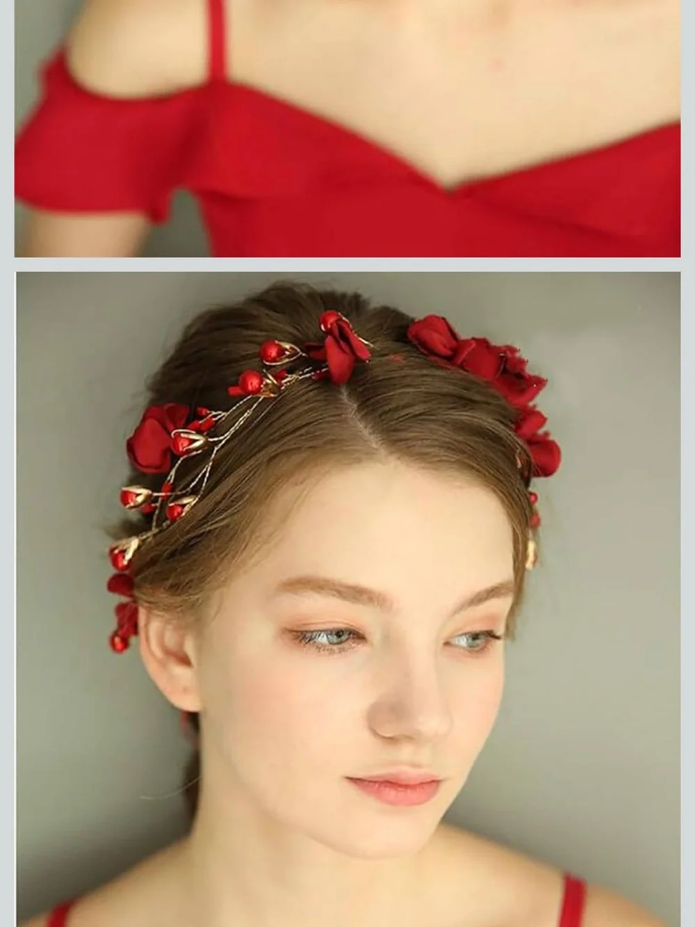 Amazon Red Floral Hair Vine with Gold Accents
